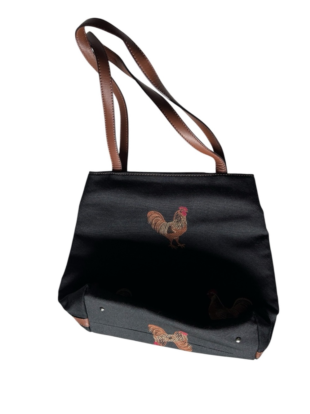 Talbots vintage black woven embroidered roster shoulder tote bag with brown trim - Picture 5 of 15